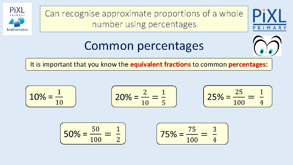Can recognise approximate proportions of a whole number using percentages Common percentages It is