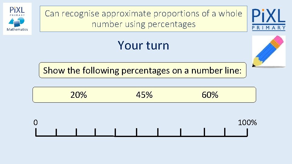 Can recognise approximate proportions of a whole number using percentages Your turn Show the