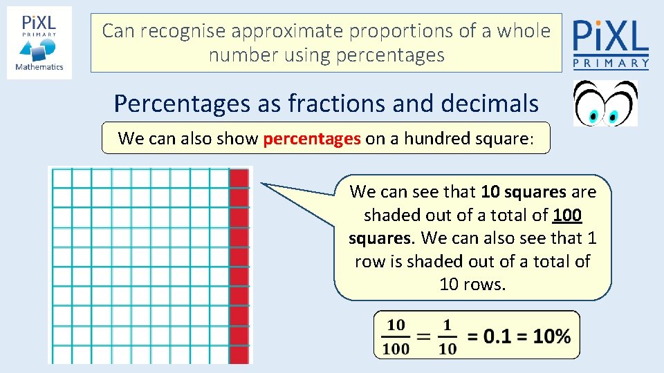 Can recognise approximate proportions of a whole number using percentages Percentages as fractions and