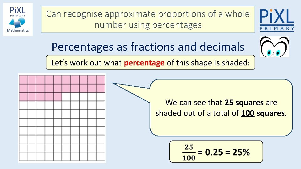 Can recognise approximate proportions of a whole number using percentages Percentages as fractions and