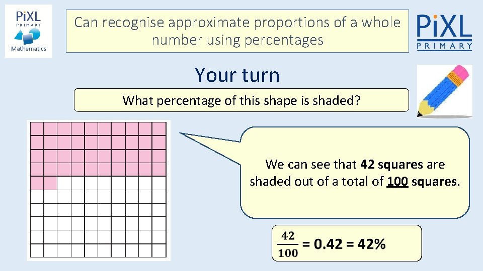 Can recognise approximate proportions of a whole number using percentages Your turn What percentage