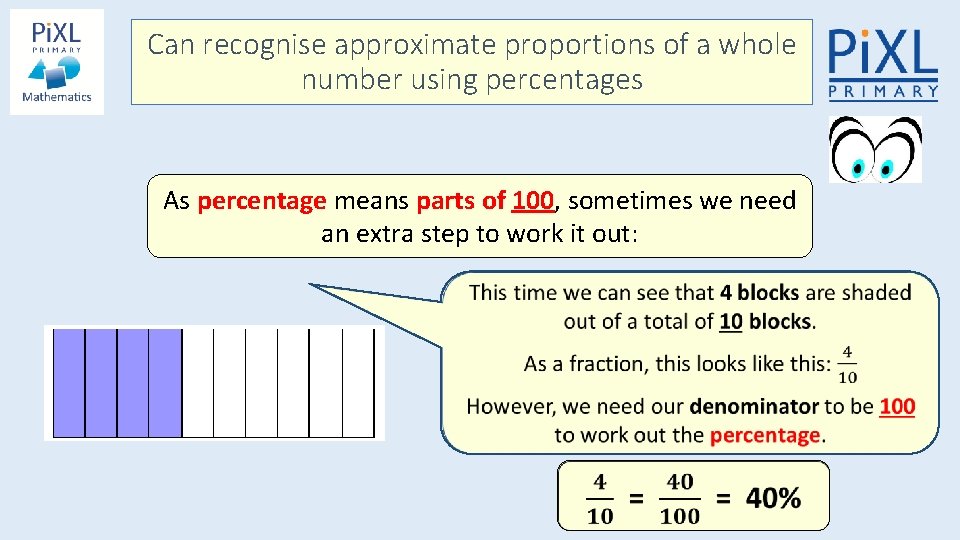 Can recognise approximate proportions of a whole number using percentages As percentage means parts