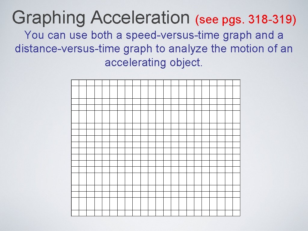 Graphing Acceleration (see pgs. 318 -319) You can use both a speed-versus-time graph and