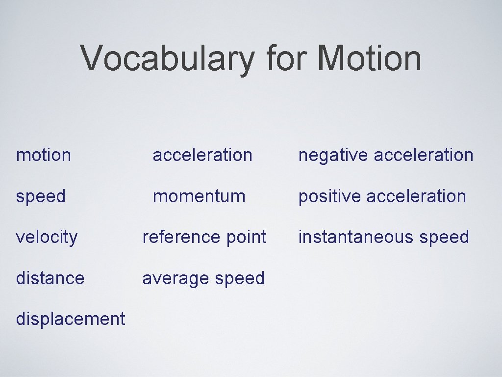 Vocabulary for Motion motion acceleration negative acceleration speed momentum positive acceleration velocity reference point