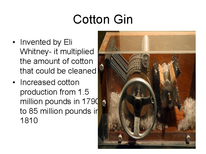 Cotton Gin • Invented by Eli Whitney- it multiplied the amount of cotton that
