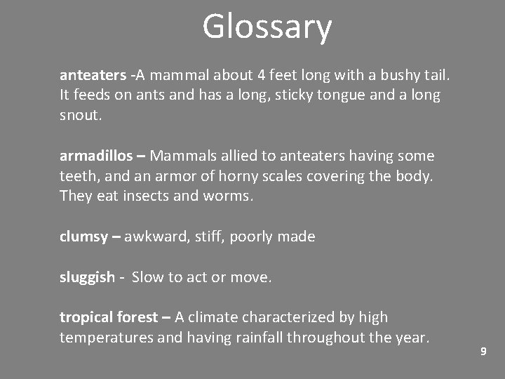 Glossary anteaters -A mammal about 4 feet long with a bushy tail. It feeds