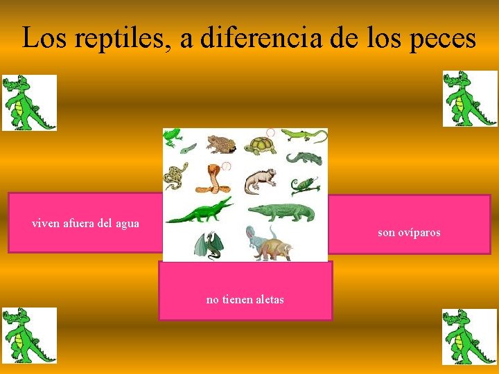 Los reptiles, a diferencia de los peces viven afuera del agua son ovíparos no