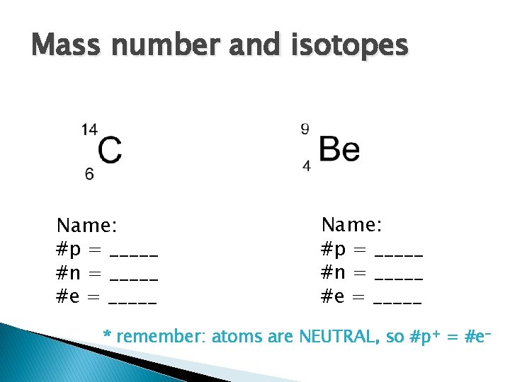 Mass number and isotopes Name: #p = _____ #n = _____ #e = _____