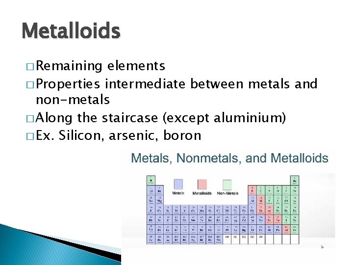 Metalloids � Remaining elements � Properties intermediate between metals and non-metals � Along the