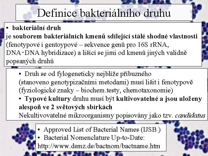 Definice bakteriálního druhu • bakteriální druh je souborem bakteriálních kmenů sdílející stálé shodné vlastnosti