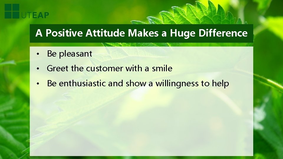 A Positive Attitude Makes a Huge Difference • Be pleasant • Greet the customer
