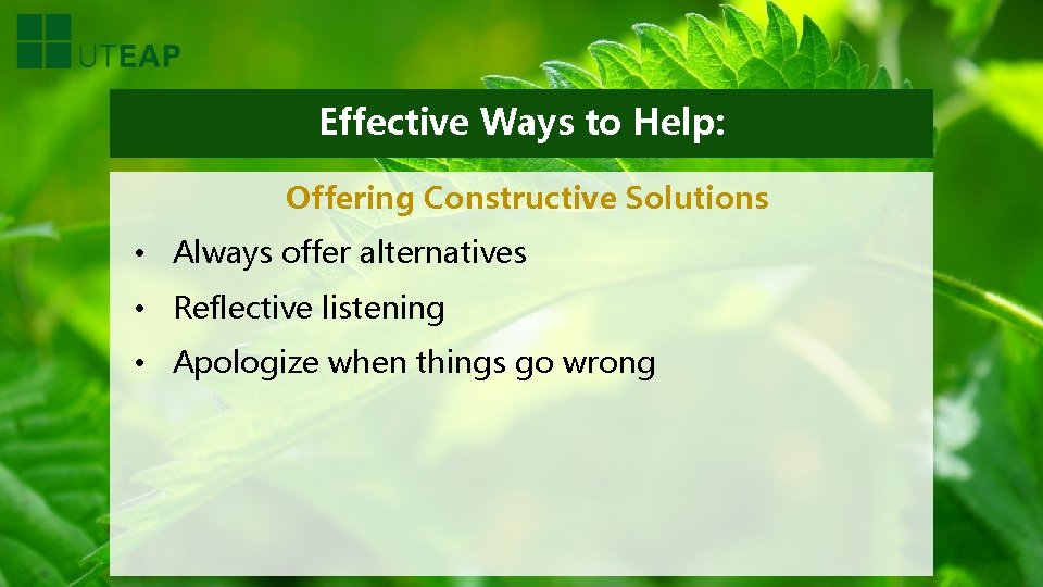 Effective Ways to Help: Offering Constructive Solutions • Always offer alternatives • Reflective listening