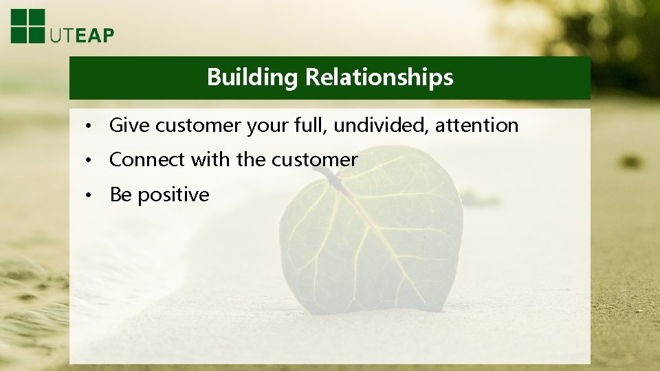 Building Relationships • Give customer your full, undivided, attention • Connect with the customer