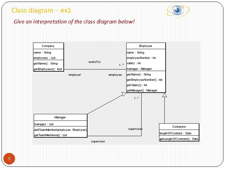 Class diagram – ex 1 Give an interpretation of the class diagram below! 5
