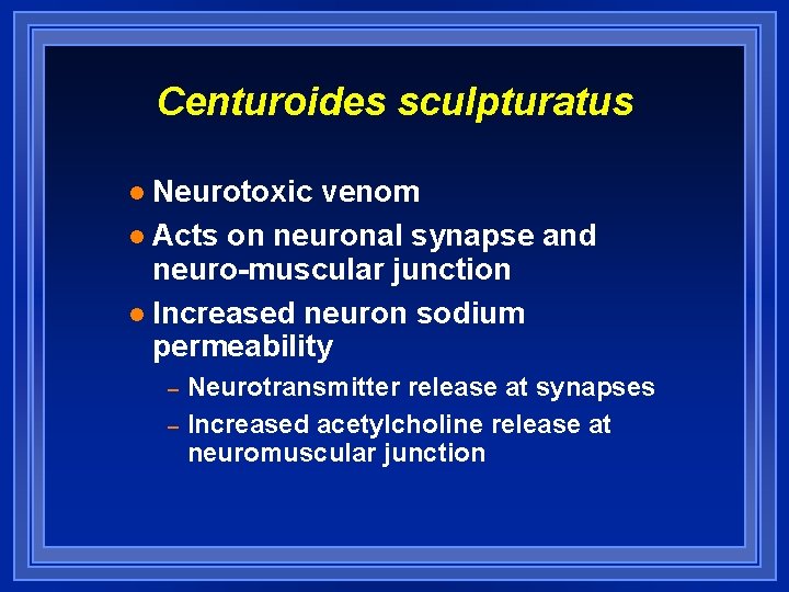 Centuroides sculpturatus Neurotoxic venom l Acts on neuronal synapse and neuro-muscular junction l Increased