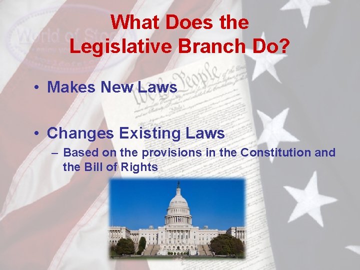 What Does the Legislative Branch Do? • Makes New Laws • Changes Existing Laws