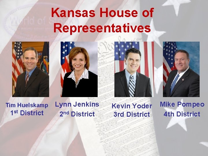Kansas House of Representatives Tim Huelskamp 1 st District Lynn Jenkins 2 nd District