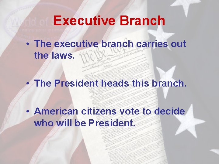 Executive Branch • The executive branch carries out the laws. • The President heads