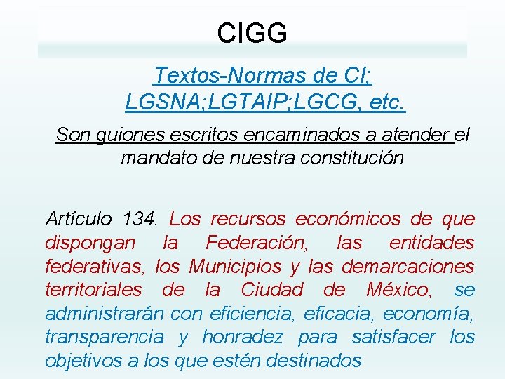 CIGG Textos-Normas de CI; LGSNA; LGTAIP; LGCG, etc. Son guiones escritos encaminados a atender