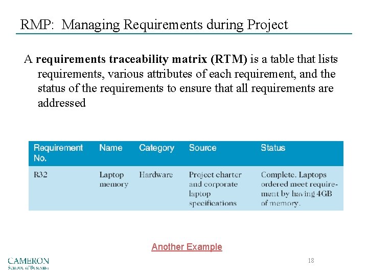 RMP: Managing Requirements during Project A requirements traceability matrix (RTM) is a table that
