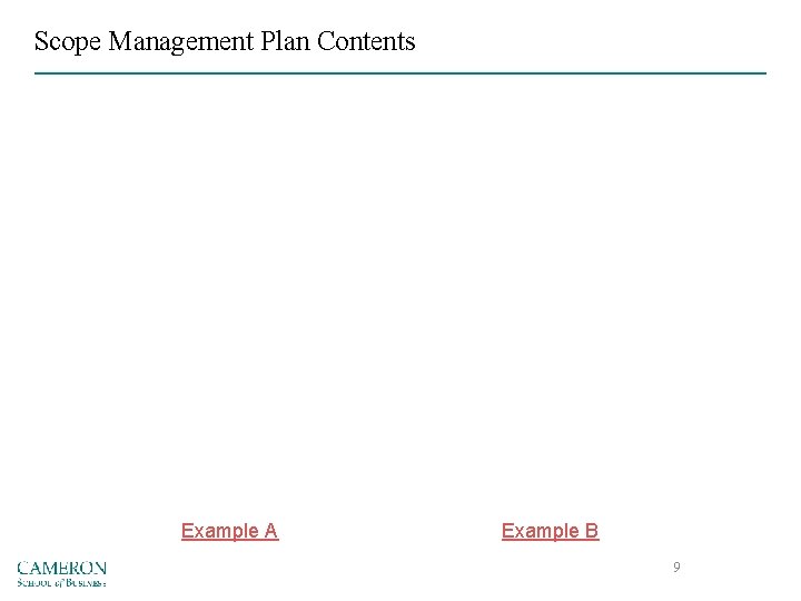 Scope Management Plan Contents Example A Example B 9 