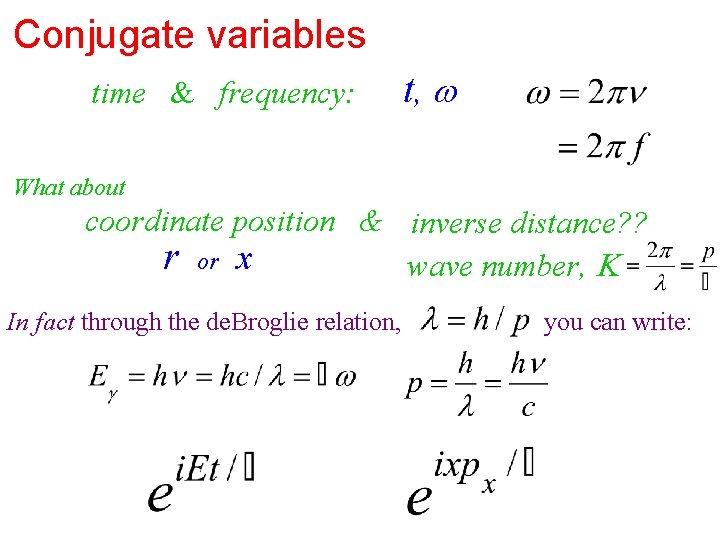 Conjugate variables time & frequency: t, What about coordinate position & ? ? inverse