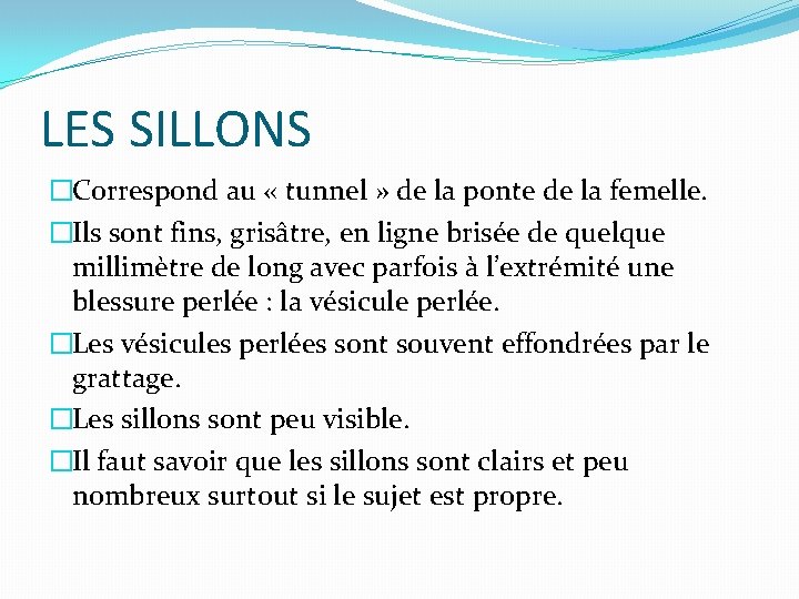LES SILLONS �Correspond au « tunnel » de la ponte de la femelle. �Ils