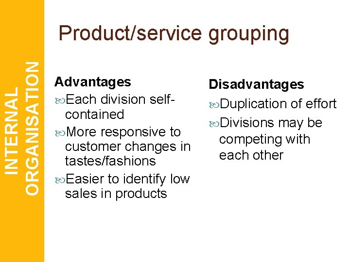 INTERNAL ORGANISATION Product/service grouping Advantages Each division selfcontained More responsive to customer changes in