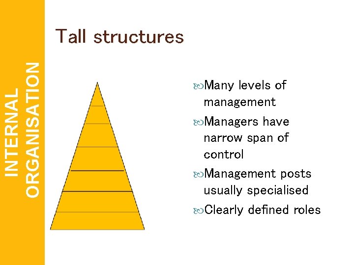 INTERNAL ORGANISATION Tall structures Many levels of management Managers have narrow span of control