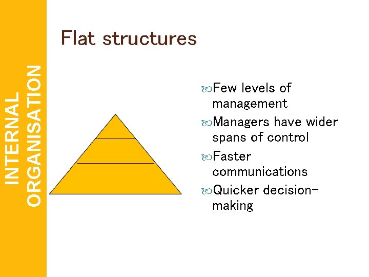 INTERNAL ORGANISATION Flat structures Few levels of management Managers have wider spans of control