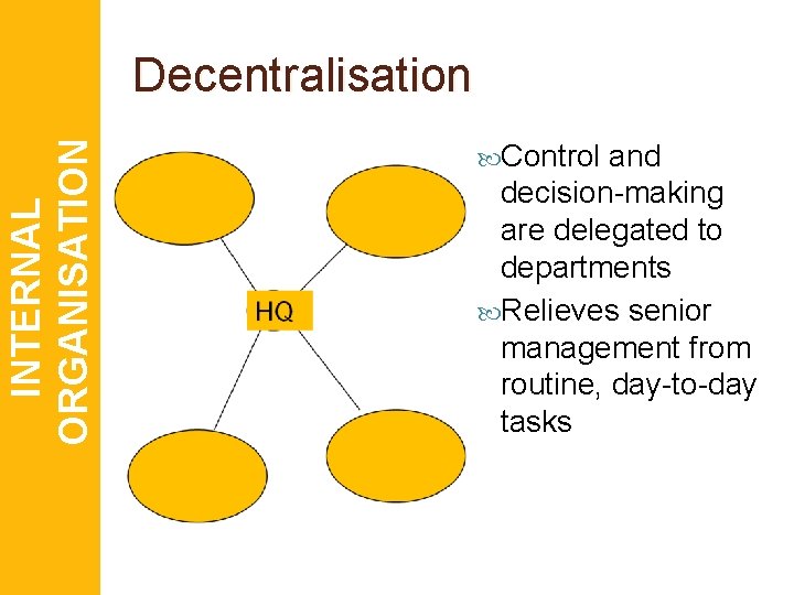 INTERNAL ORGANISATION Decentralisation Control and decision-making are delegated to departments Relieves senior management from