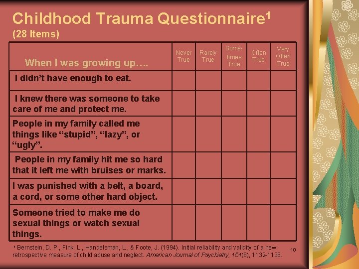 Childhood Trauma Questionnaire 1 (28 Items) When I was growing up…. Never True Rarely