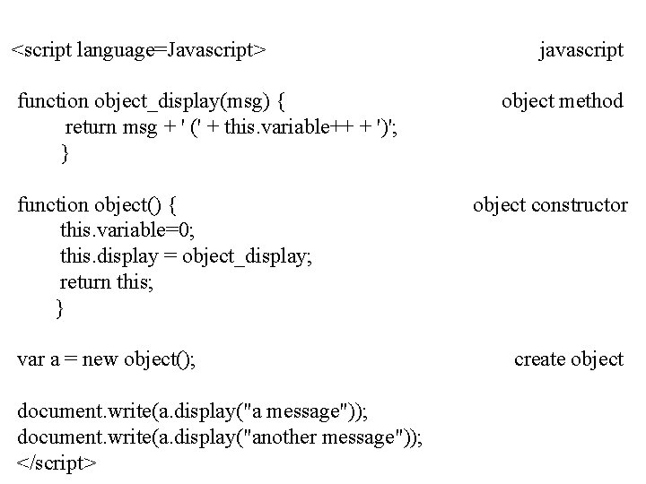 <script language=Javascript> function object_display(msg) { return msg + ' (' + this. variable++ + <script language=Javascript> function object_display(msg) { return msg + ' (' + this. variable++ +