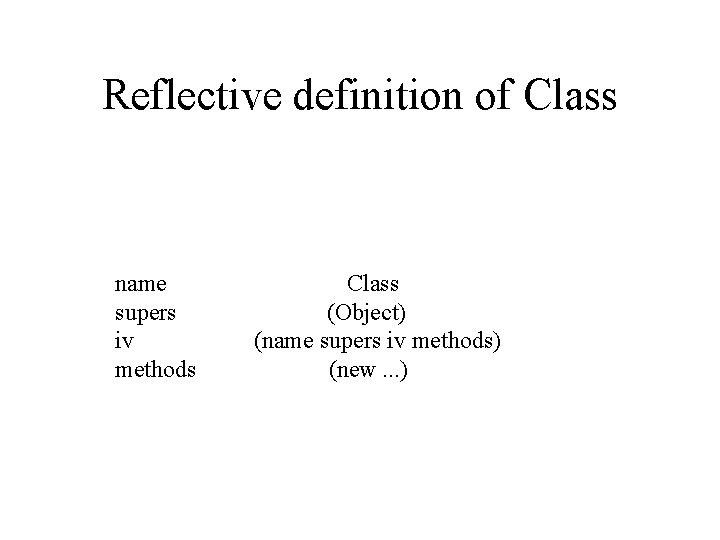 Reflective definition of Class name supers iv methods Class (Object) (name supers iv methods) Reflective definition of Class name supers iv methods Class (Object) (name supers iv methods)