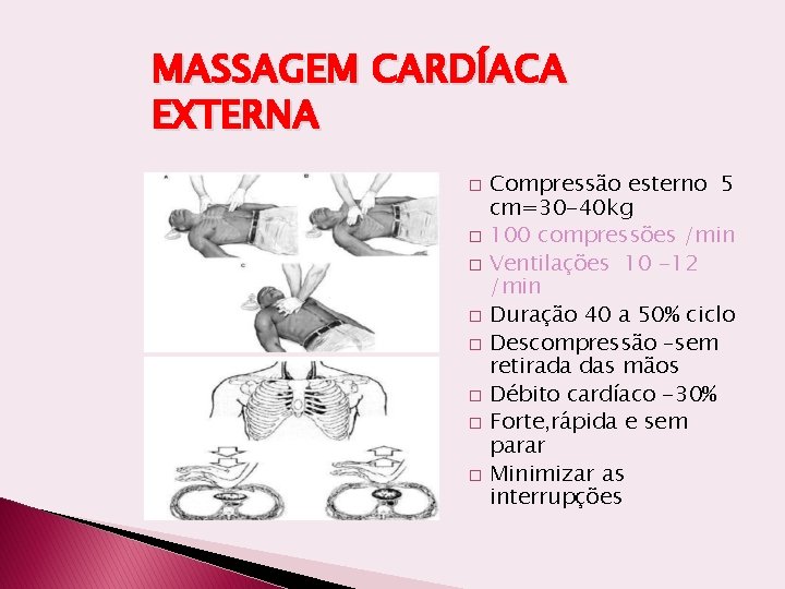 MASSAGEM CARDÍACA EXTERNA � � � � Compressão esterno 5 cm=30 -40 kg 100