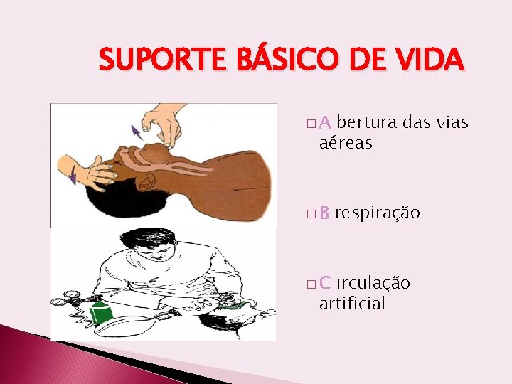 SUPORTE BÁSICO DE VIDA �A bertura das vias aéreas �B �C respiração irculação artificial