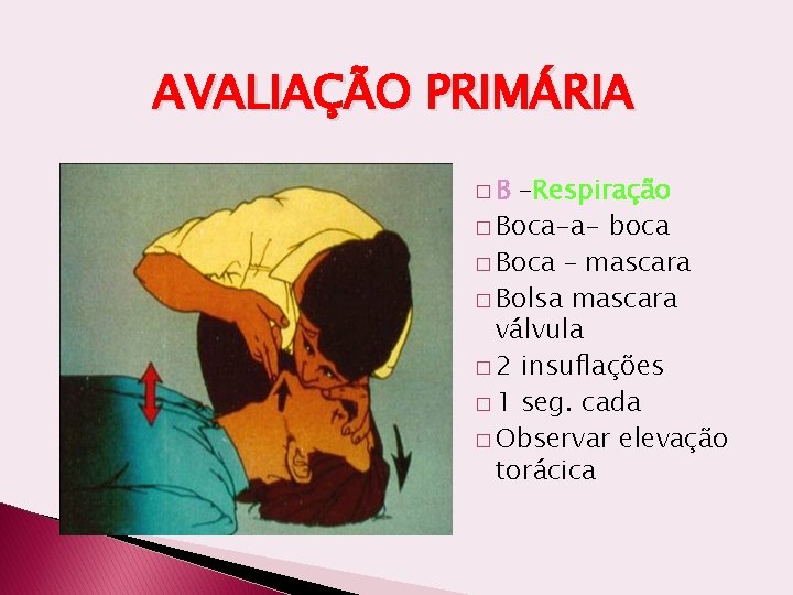 AVALIAÇÃO PRIMÁRIA �B –Respiração � Boca-a- boca � Boca – mascara � Bolsa mascara