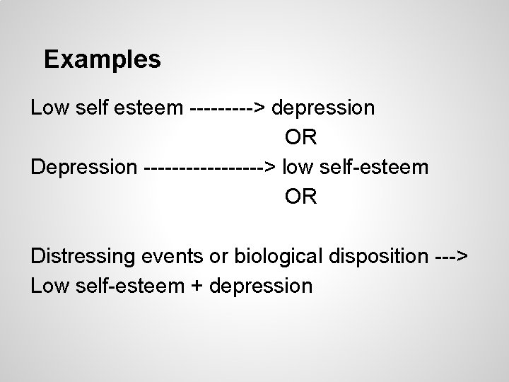 Examples Low self esteem -----> depression OR Depression ---------> low self-esteem OR Distressing events