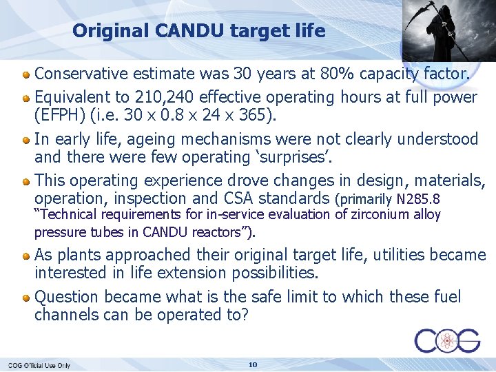 Original CANDU target life Conservative estimate was 30 years at 80% capacity factor. Equivalent