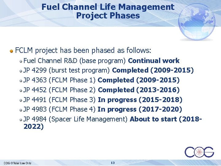 Fuel Channel Life Management Project Phases FCLM project has been phased as follows: Fuel