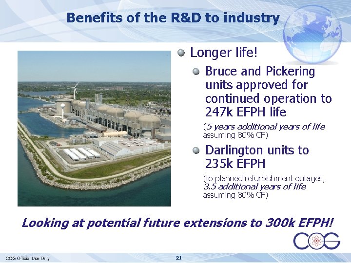 Benefits of the R&D to industry Longer life! Bruce and Pickering units approved for