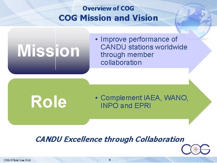 Overview of COG Mission and Vision Mission • Improve performance of CANDU stations worldwide
