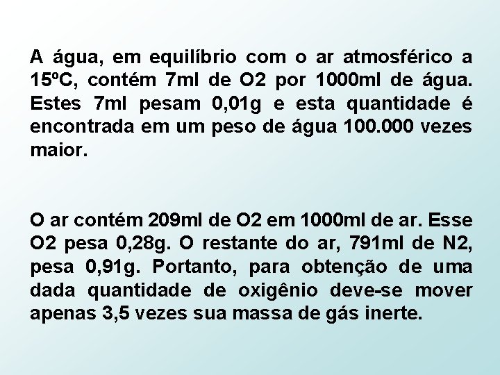 A água, em equilíbrio com o ar atmosférico a 15ºC, contém 7 ml de