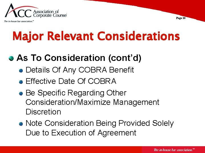 Page 10 Major Relevant Considerations As To Consideration (cont’d) Details Of Any COBRA Benefit