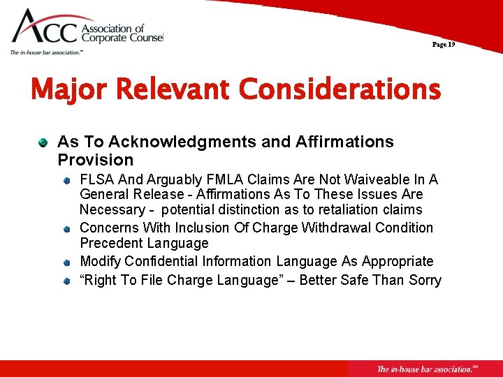 Page 19 Major Relevant Considerations As To Acknowledgments and Affirmations Provision FLSA And Arguably