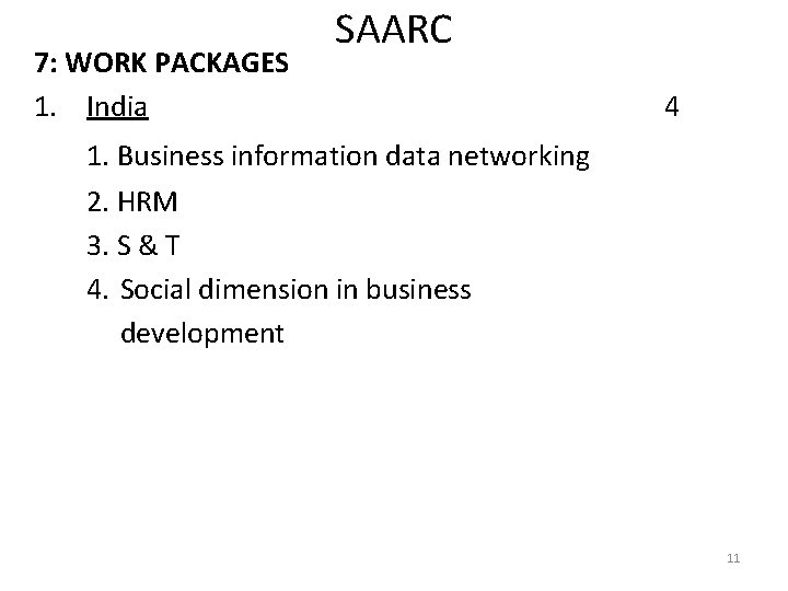 7: WORK PACKAGES 1. India SAARC 4 1. Business information data networking 2. HRM