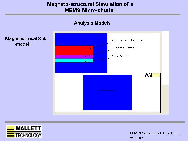 Magneto-structural Simulation of a MEMS Micro-shutter Analysis Models Magnetic Local Sub -model FEMCI Workshop