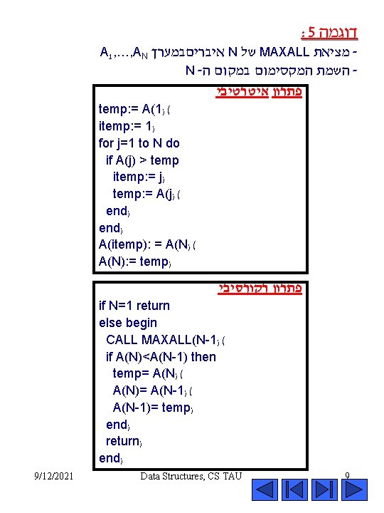: 5 דוגמה A 1, …, AN איבריםבמערך N של MAXALL מציאת N -