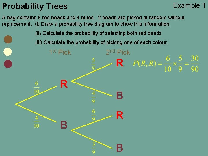 Example 1 Probability Trees A bag contains 6 red beads and 4 blues. 2