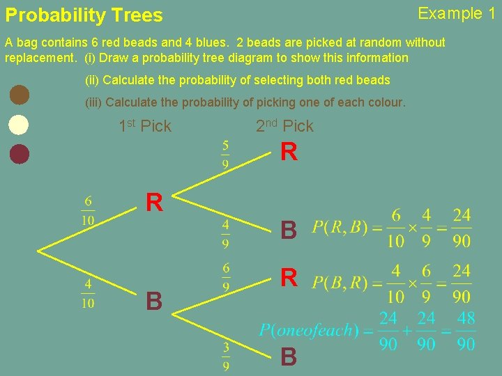 Example 1 Probability Trees A bag contains 6 red beads and 4 blues. 2